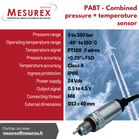 This miniature sensor (external dimensions Ø13 x 40 mm) exemplifies MMM's excellence in sensor design and manufacturing, incorporating dual measurement technology: it measures absolute pressure within a range of 5 to 350 bar (with temperature compensation from 0° to 100°C as standard) while simultaneously measuring temperatures from -40°C to 150°C. The platinum PT100 resistor, strategically placed in the sensor’s tip, ensures optimal and precise measurement (Class A accuracy for temperature and ±0.25% for pressure). Entirely made of stainless steel, the PABT stands out for its great robustness, capable of withstanding shocks while offering superior protection in extreme environments against corrosive and conductive fluids (IP66 protection rating).